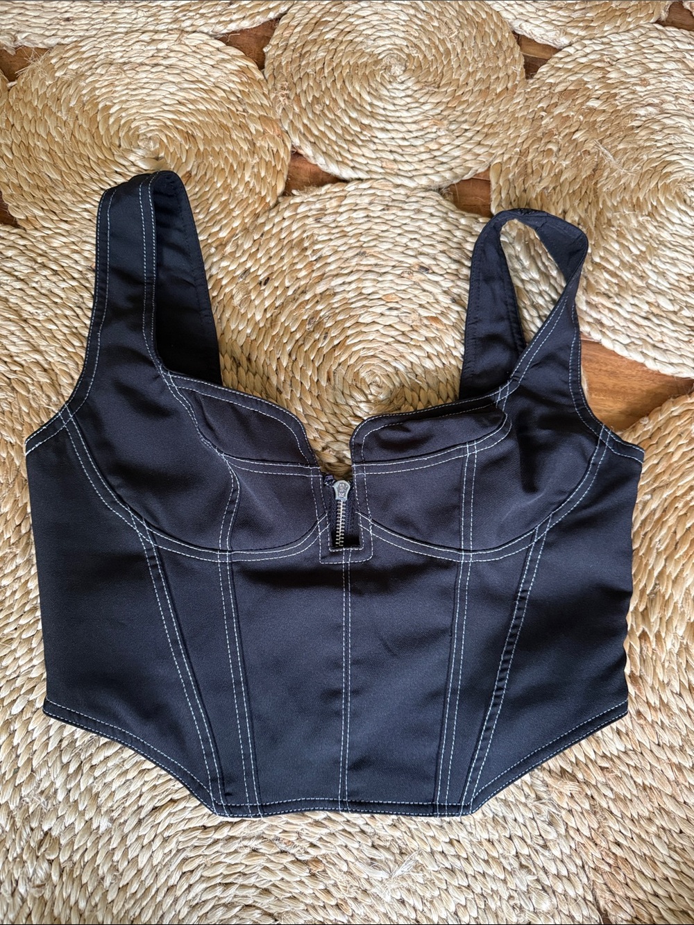 Black Corset Crop Top with White Stitching